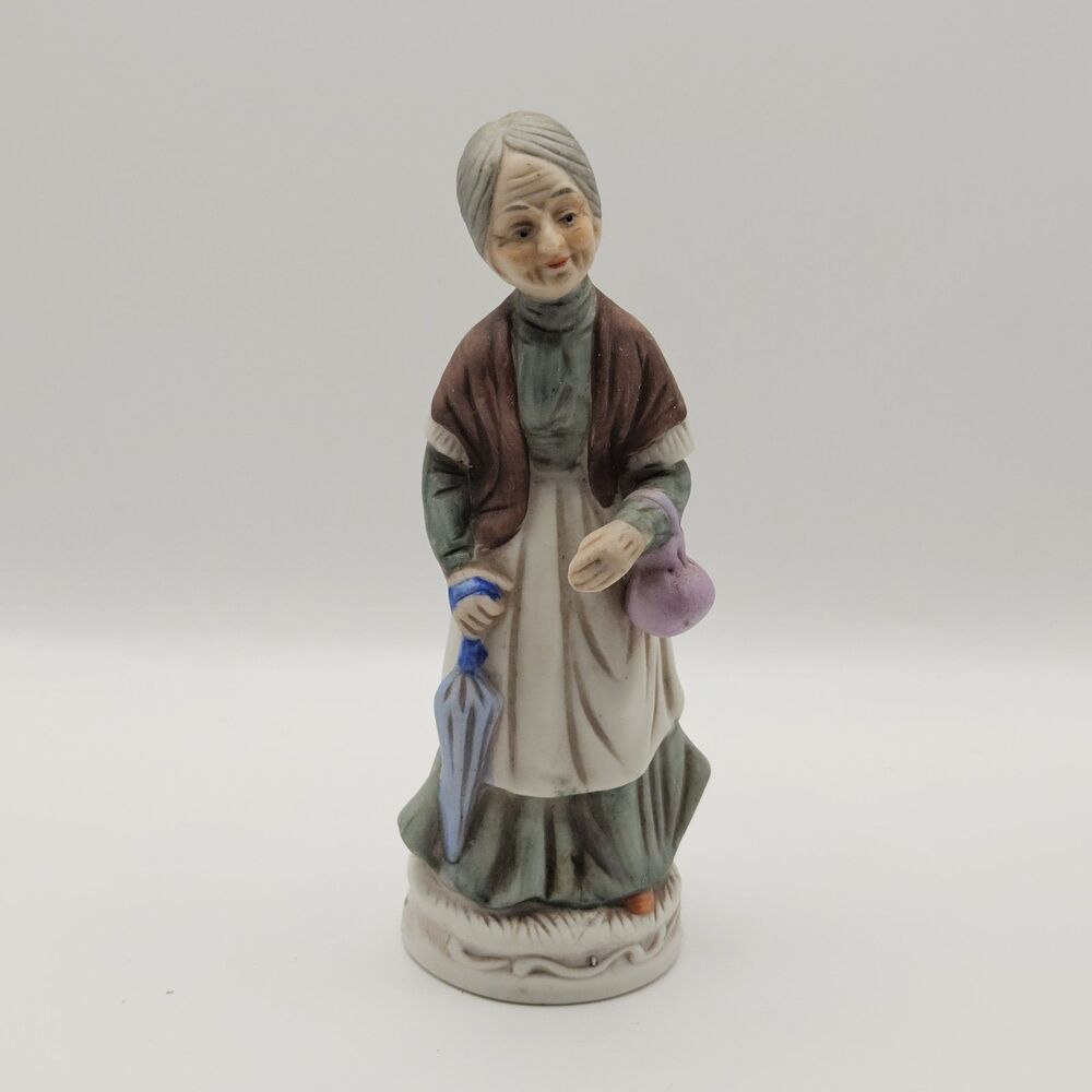 Vintage Elderly Woman Porcelain Figurine Umbrella Lady Japan Style 6"